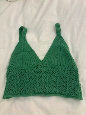Green Knit Lace-Panel Cropped Tank Top with V-Neck